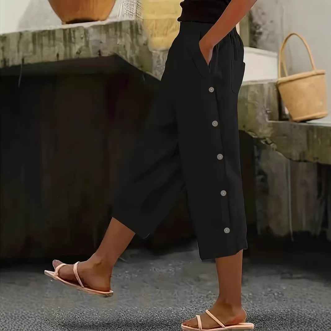 Women's High-Waist Solid Colour Cropped Trousers with Pockets