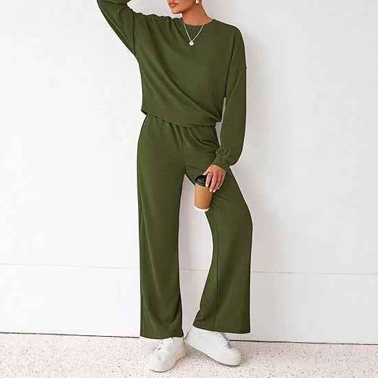Plaid Print Sweatshirt & Wide-Leg Trousers Set