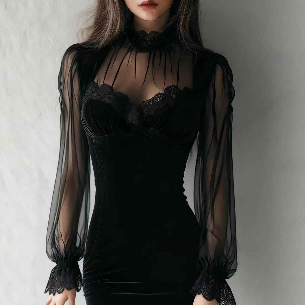 Velvet Mesh-Panel Bodycon Mini Dress — Long Sleeve, High Waist, Slim Fit