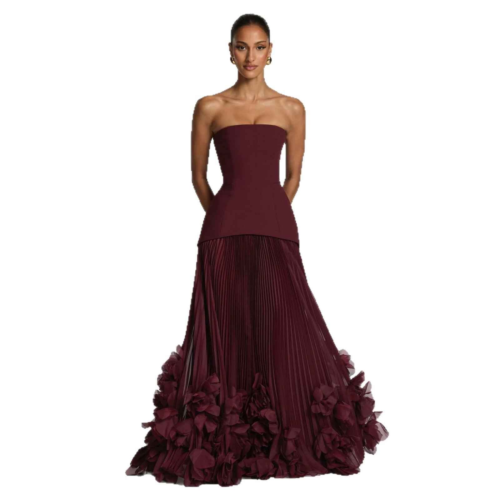 Three-dimensional Petal-style Strapless Floor-length Waist-cinching Dress