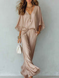 Batwing-Sleeve Top & Wide-Leg Pants Set – Solid Colour