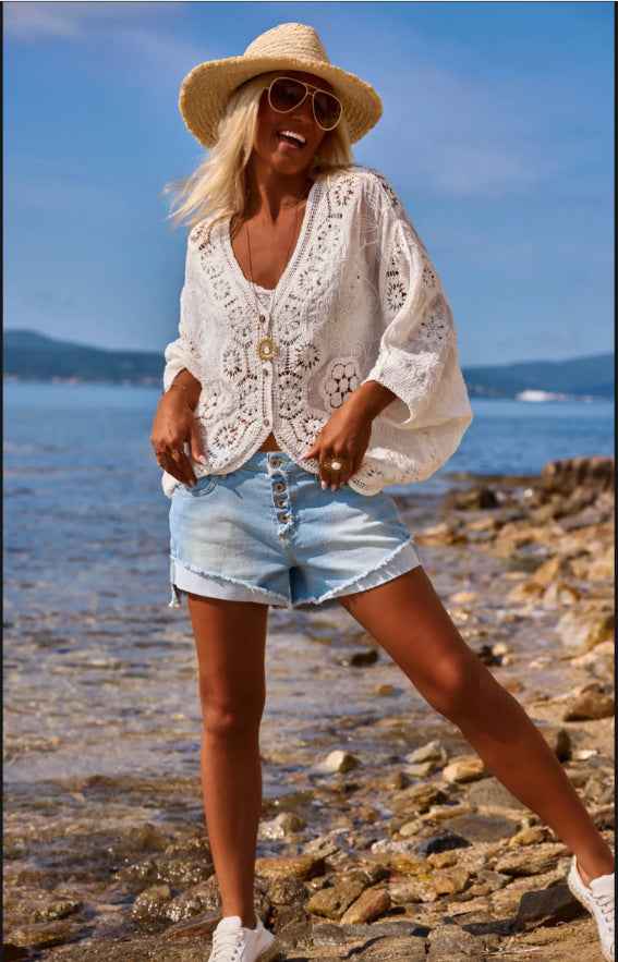 Crochet Lace Sun-Protective Shirt – One-Shoulder Batwing Sleeve