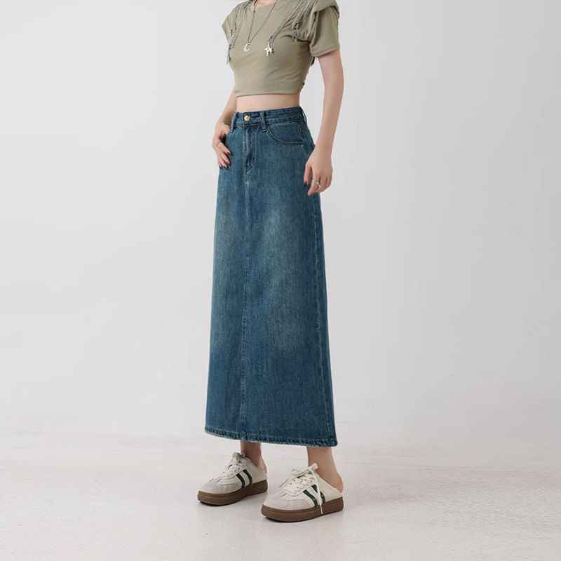 Women's High-Waisted A-Line Denim Midi Skirt