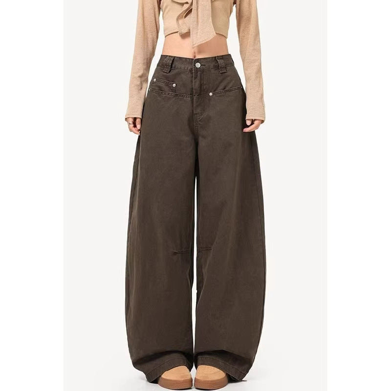 High-Waist Vintage Wide-Leg Denim Jeans — Coffee Brown