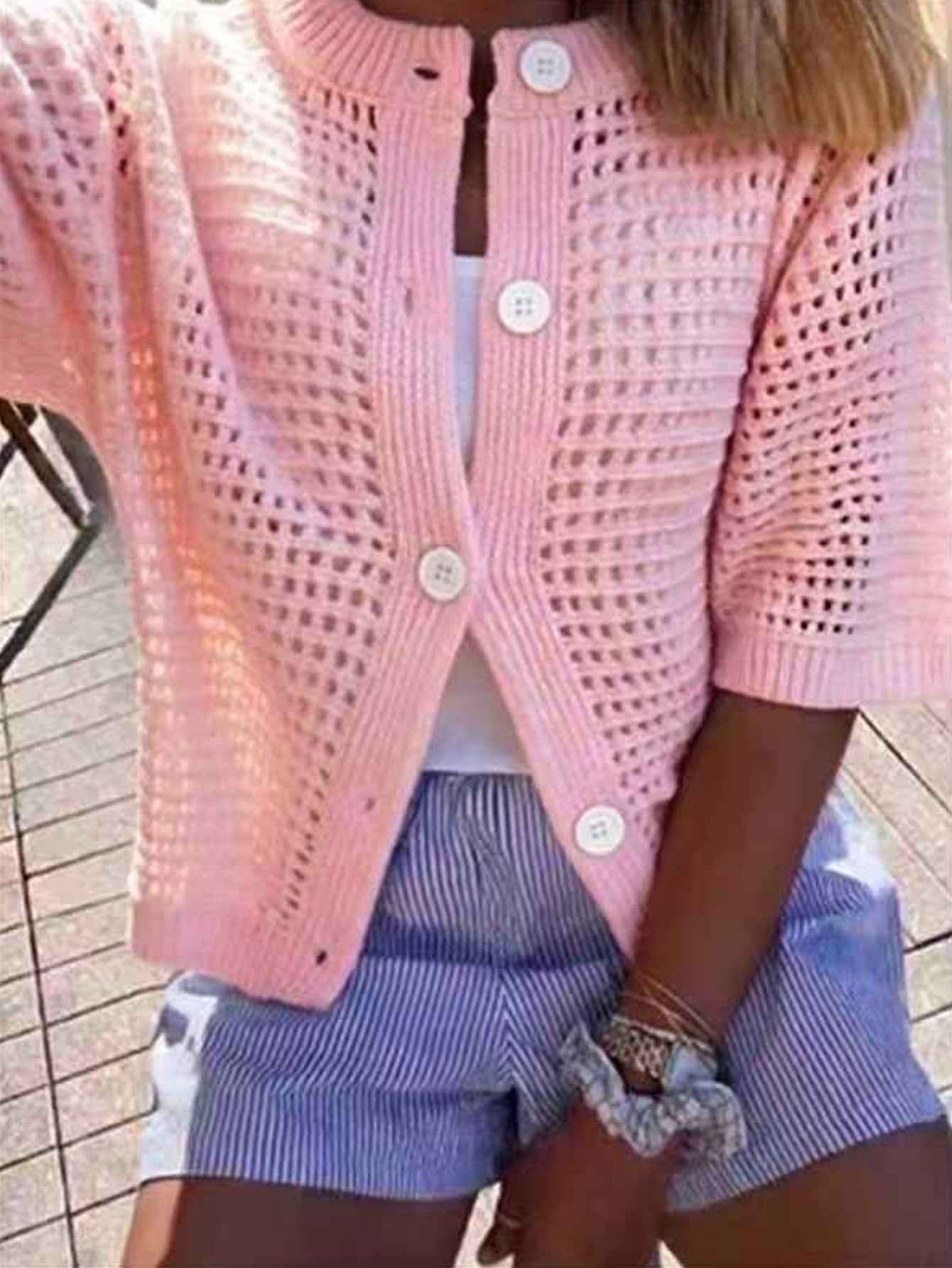 Hollow-Out Knit Open-Front Cardigan