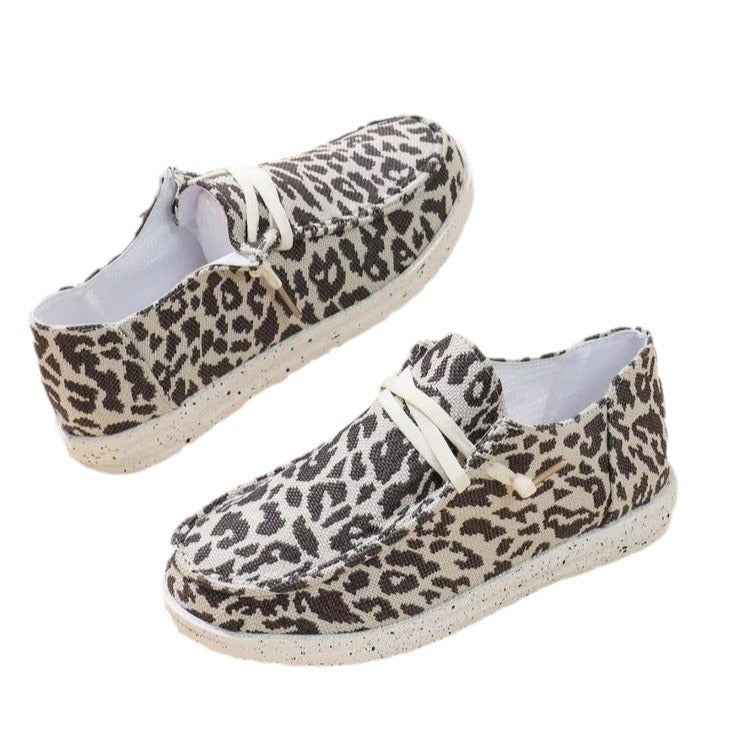 Leopard Print Flyknit Lace-Up Flat Shoes