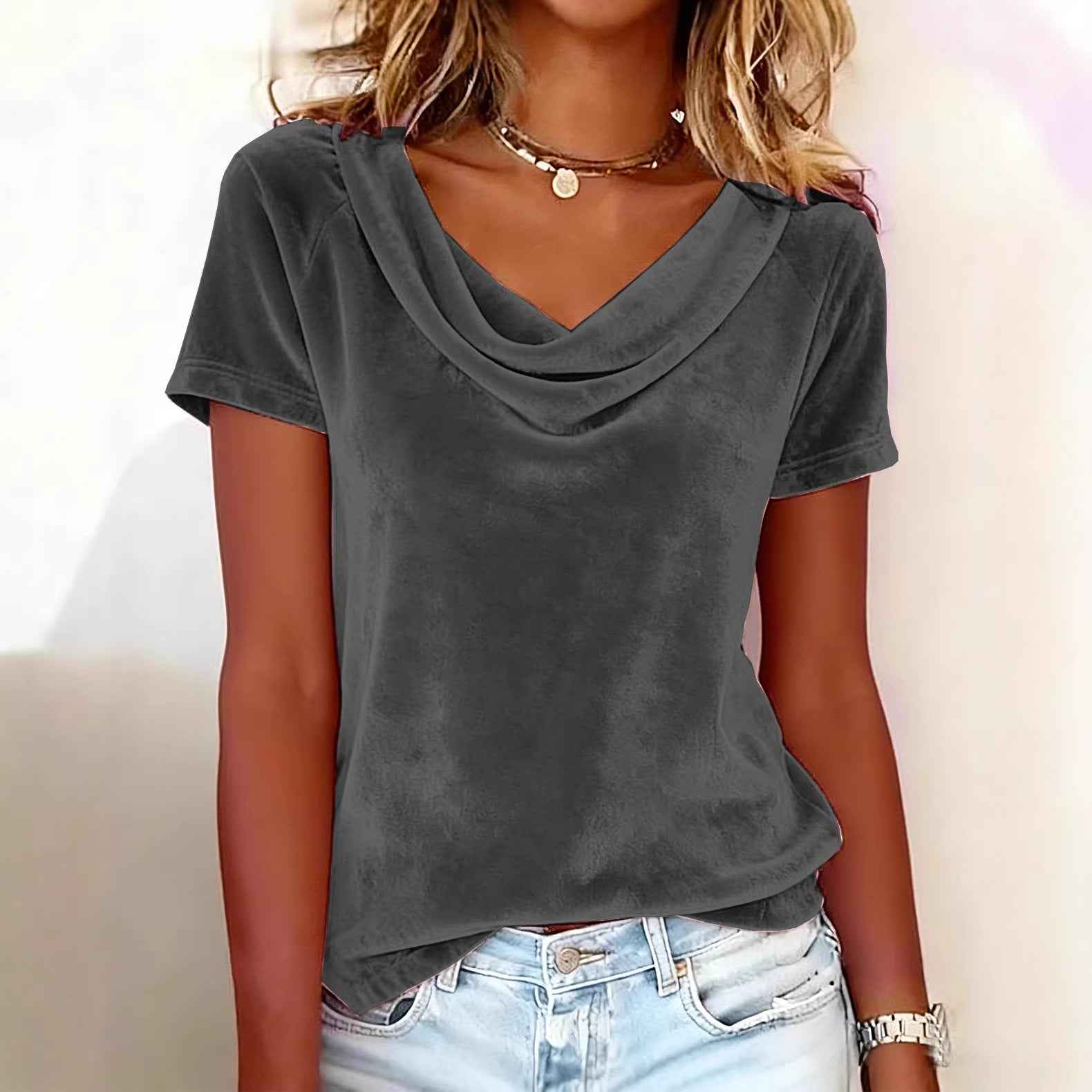 Cowl-Neck Short-Sleeve Top — 6 Colours