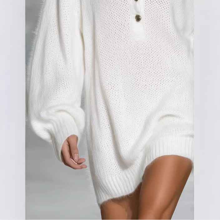 Women's V-Neck Knit Mini Dress with Bishop Sleeves