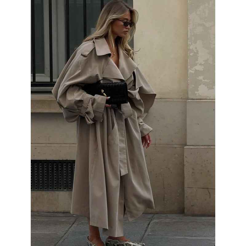 A-Line Lace-Up Shawl Collar Long Trench Coat — Brown