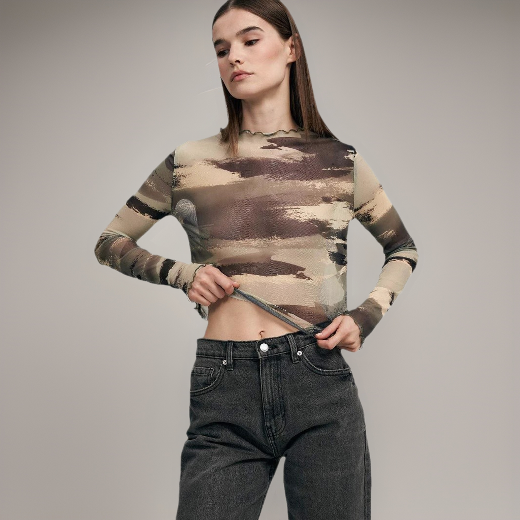 Leopard Print Mesh Long-Sleeve Top – Slim Fit Street Style