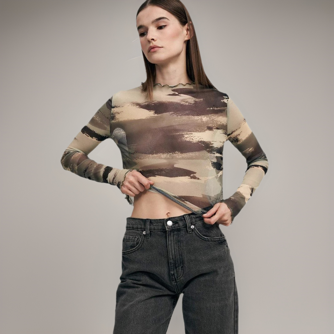 Leopard Print Mesh Long-Sleeve Top – Slim Fit Street Style