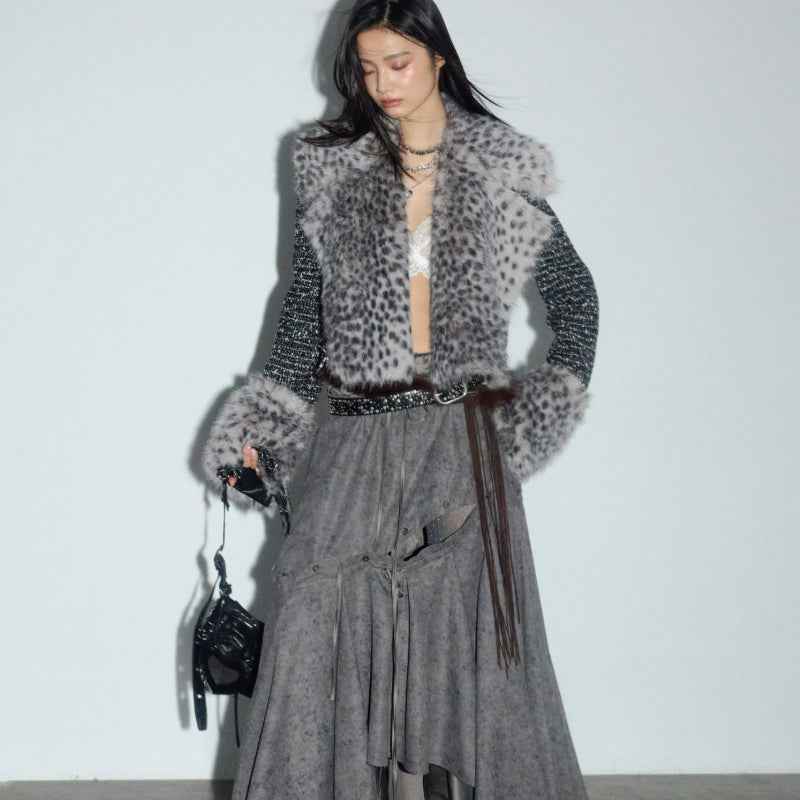 Leopard-Print Faux Fur Short Coat – Detachable Trim, Black