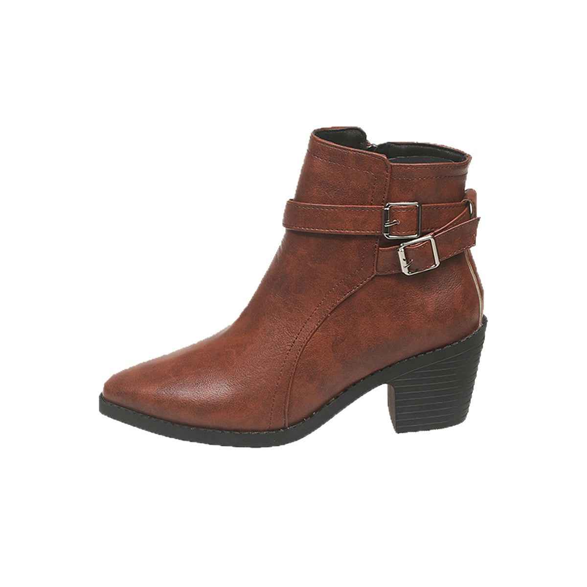 Chunky Heel Ankle Boots — Belt Buckle, Pointed Toe