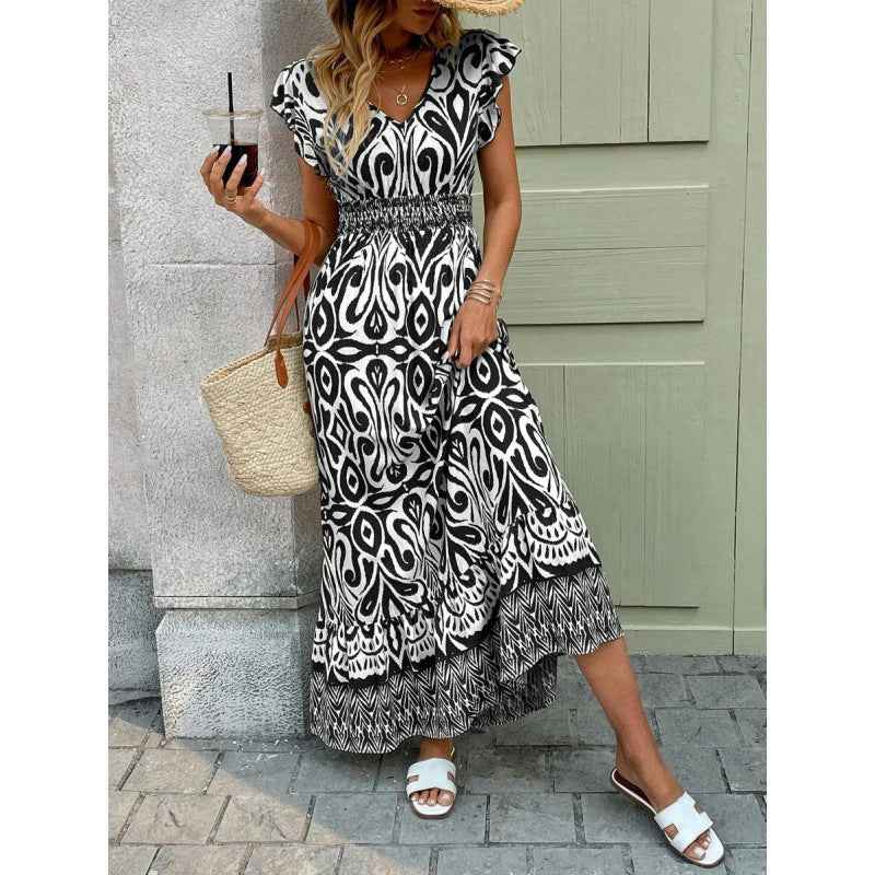 V-Neck Floral Slim-Fit Fashionable Dress