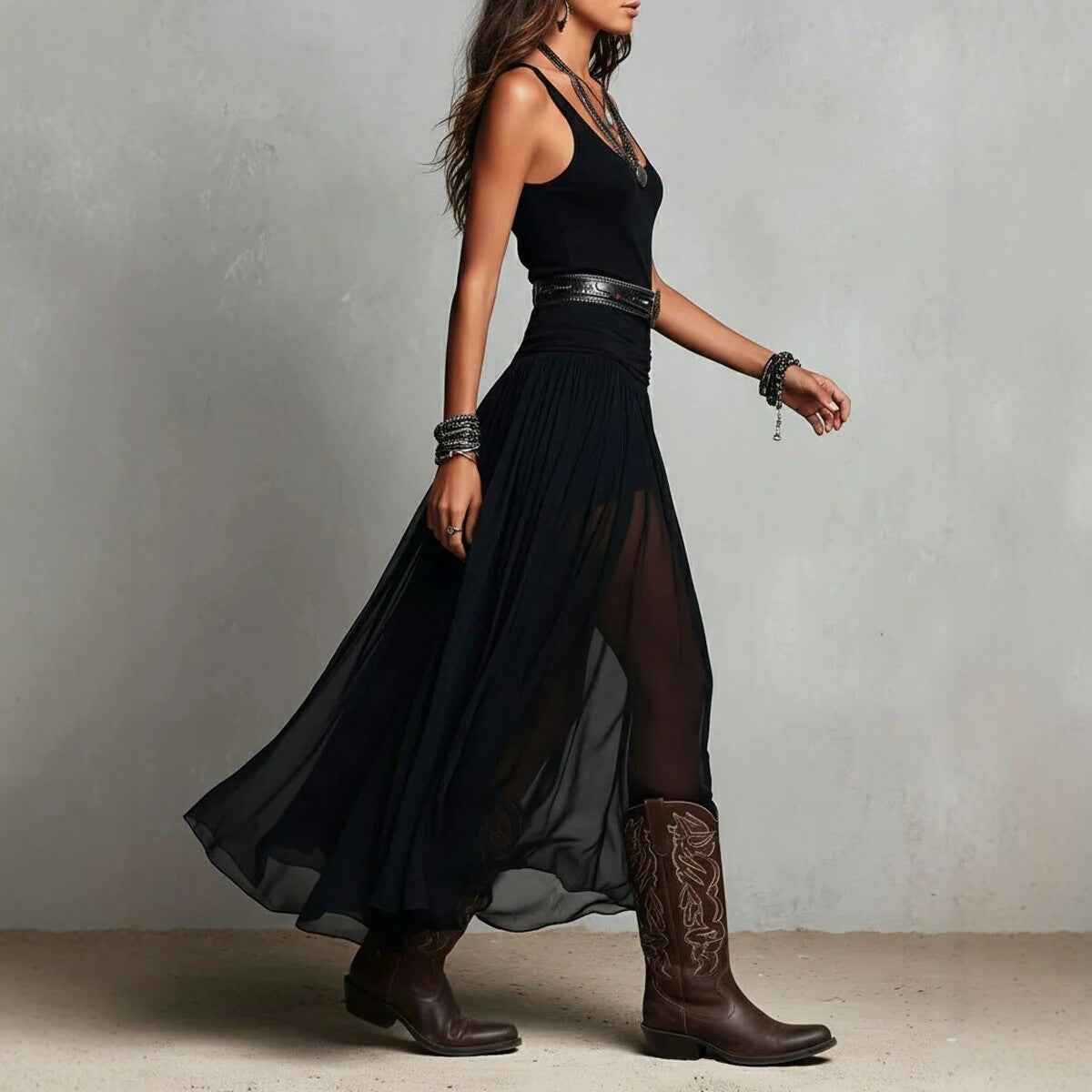 Sheer Pleated A-Line Sleeveless Maxi Dress