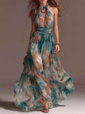 Women's Halterneck Backless Printed Maxi Dress
