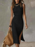 Women's High-Neck Sleeveless Knit Midi Dress with Slit — 3 Colours, XS–4XL