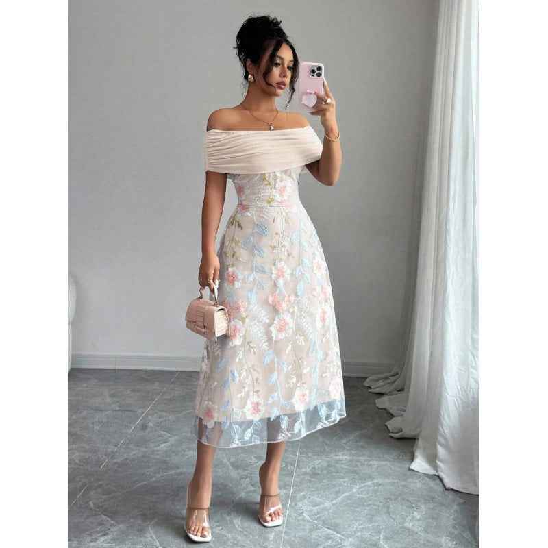 Floral Mesh-Panel High-Waist Pleated Maxi Dress