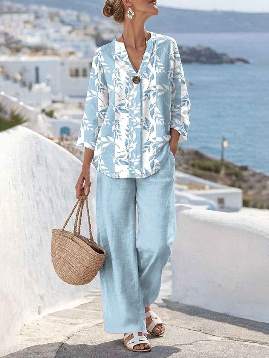Linen V-Neck Printed Shirt Casual Resort Two-Piece Set