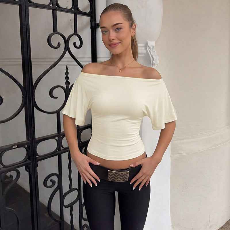 Lace-Up Back Drop-Shoulder Top – Waist-Cinching Milk Silk Tee