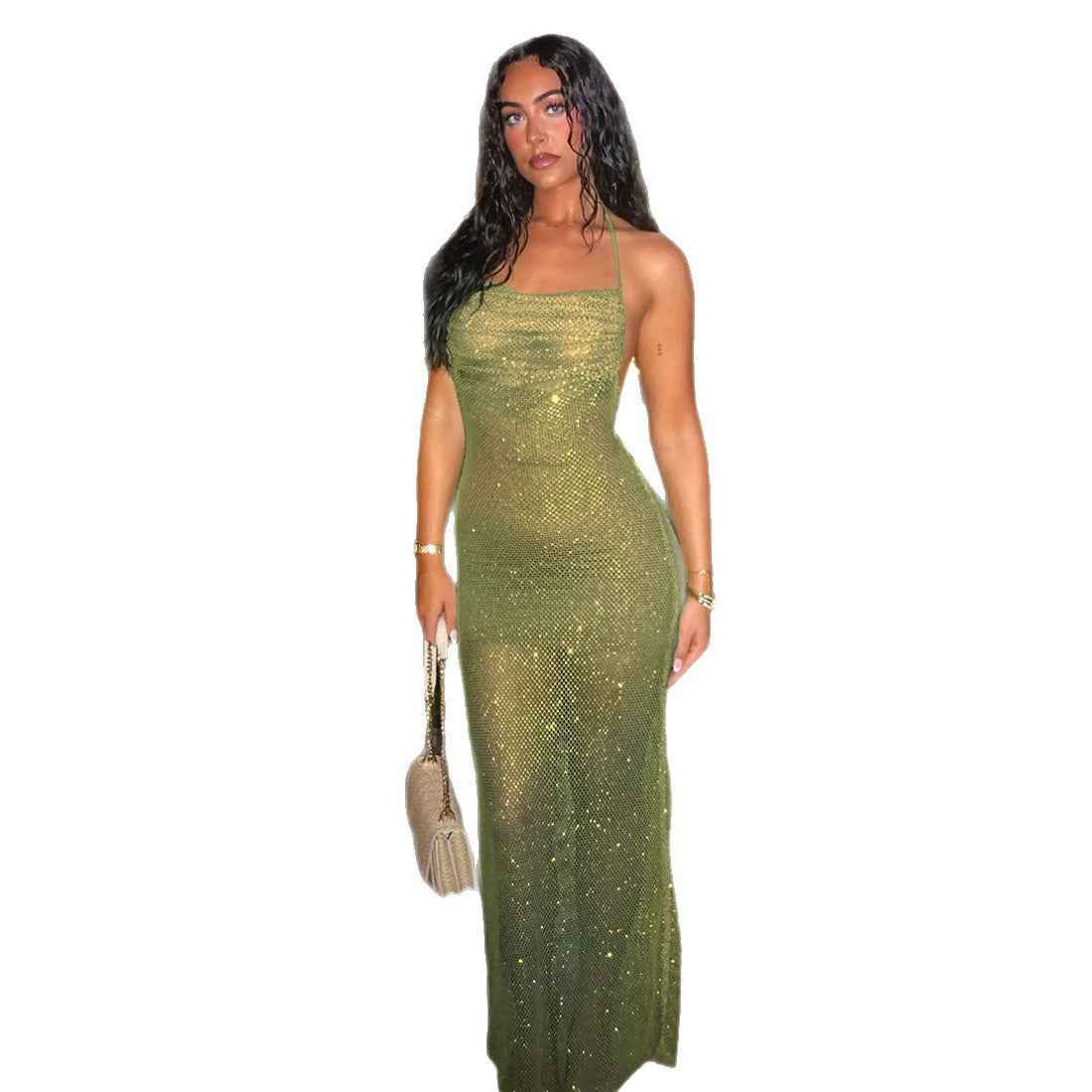 Women's Halter-Neck Backless Pleated Dress — Green & Purple