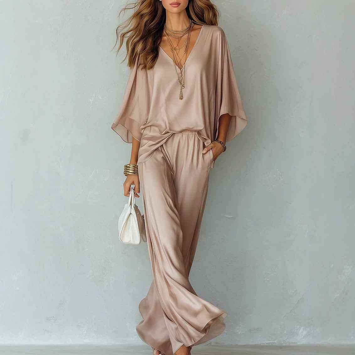 Batwing-Sleeve Top & Wide-Leg Pants Set – Solid Colour