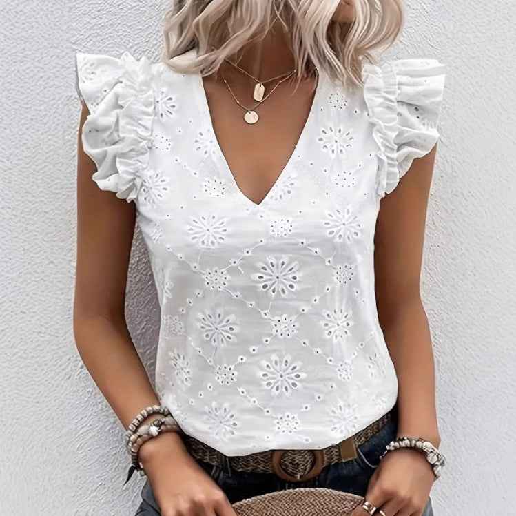 Openwork Ruffle Butterfly Sleeve Top