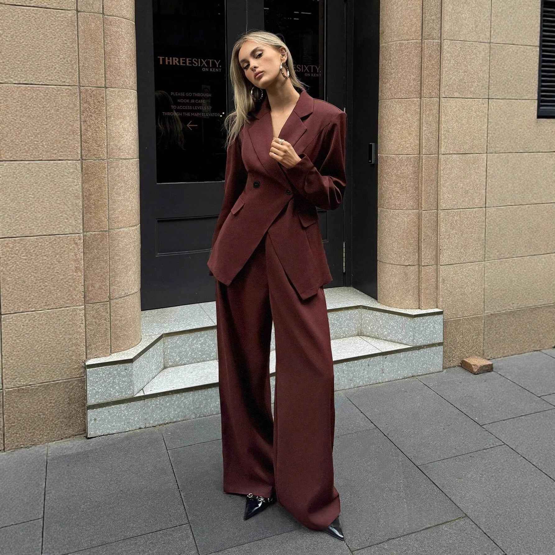 Reddish Brown Solid Colour Wide-Leg Pants Suit Two-Piece Set