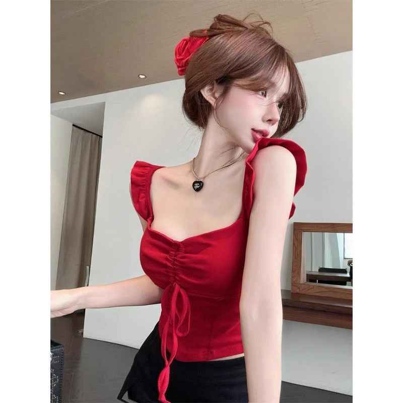 Women's Square Neck Modal Top – Puff Sleeve Tie-Detail Camisole
