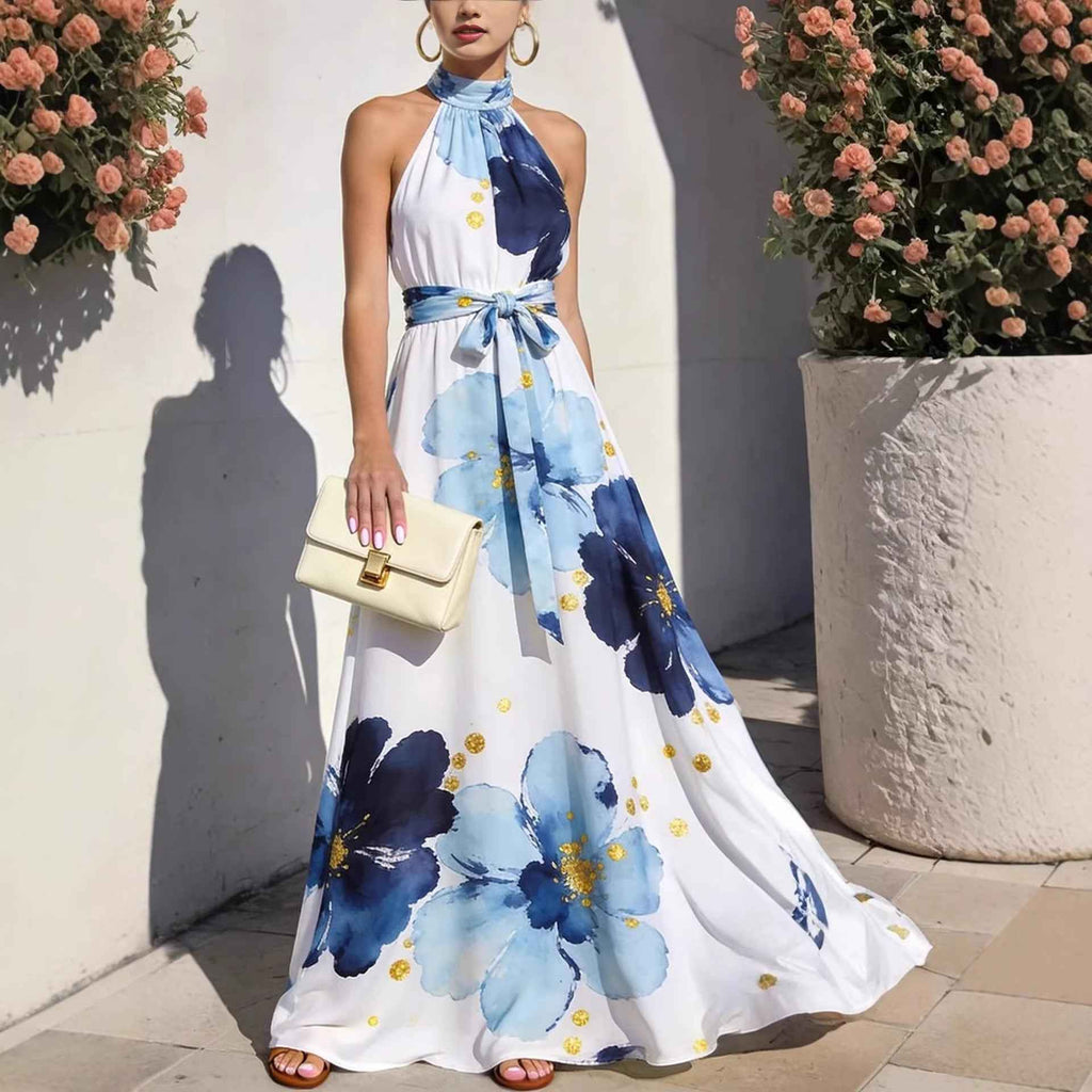 Resort-style Floral High-neck Lace-up Sleeveless Maxi Dress