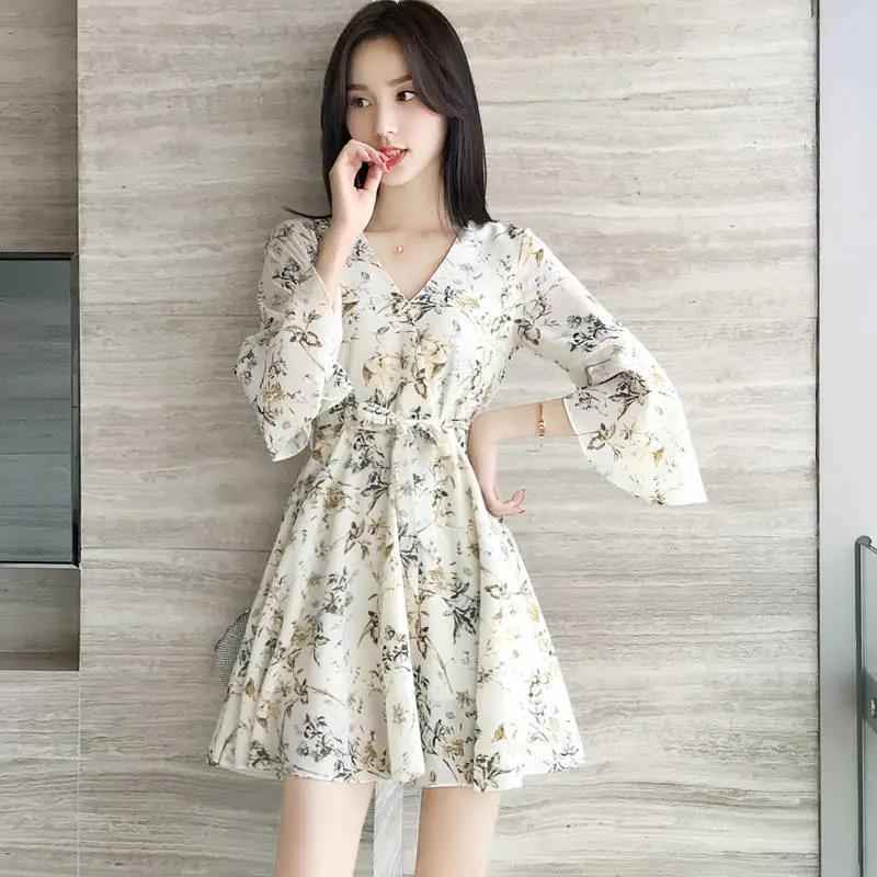 Floral Print V-Neck Ruffled Sleeve Mini Dress