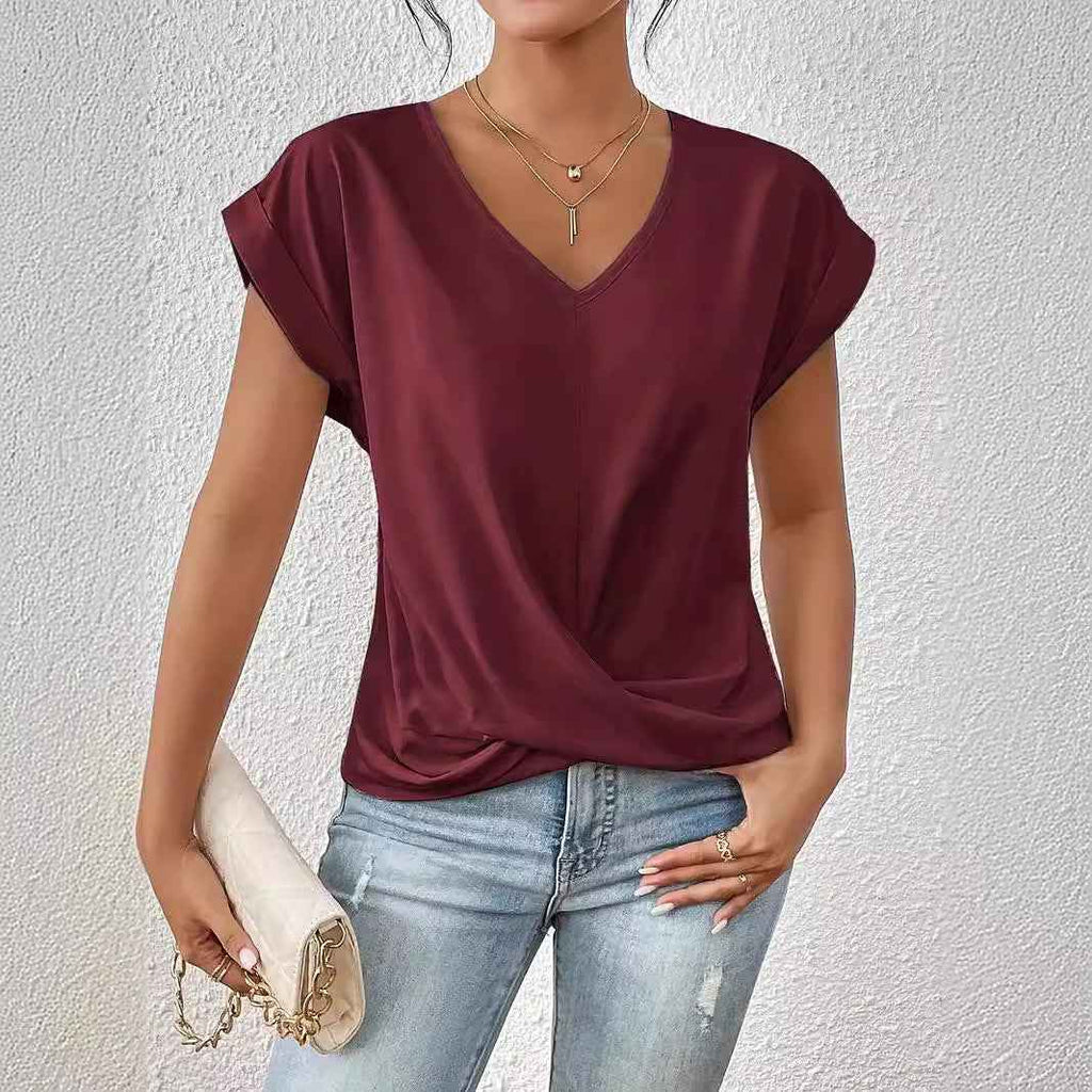 Ruffle V-Neck Short Sleeve Top – Slim Fit