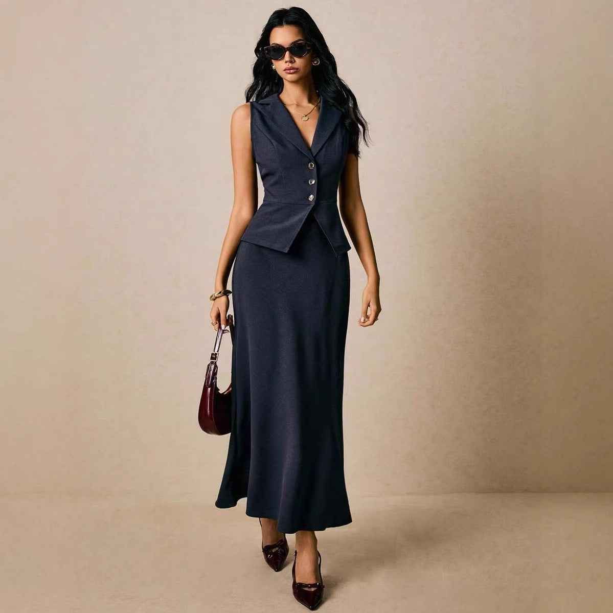 Womens Solid-Color V-Neck Vest And Buttoned Skirt Set