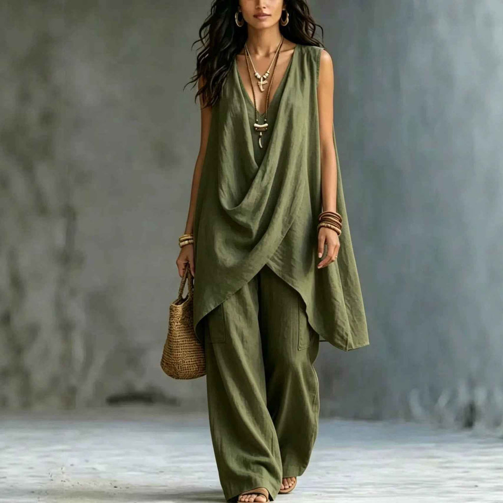 Cotton-Linen Pleated Sleeveless Cardigan & Trousers Artistic Resort Two-Piece Set