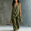 Cotton-Linen Pleated Sleeveless Cardigan & Trousers Artistic Resort Two-Piece Set