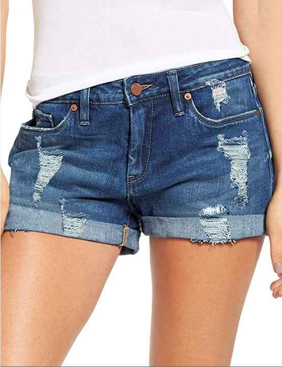 Stretchy Ripped Denim Shorts – Mid-Rise Straight Leg