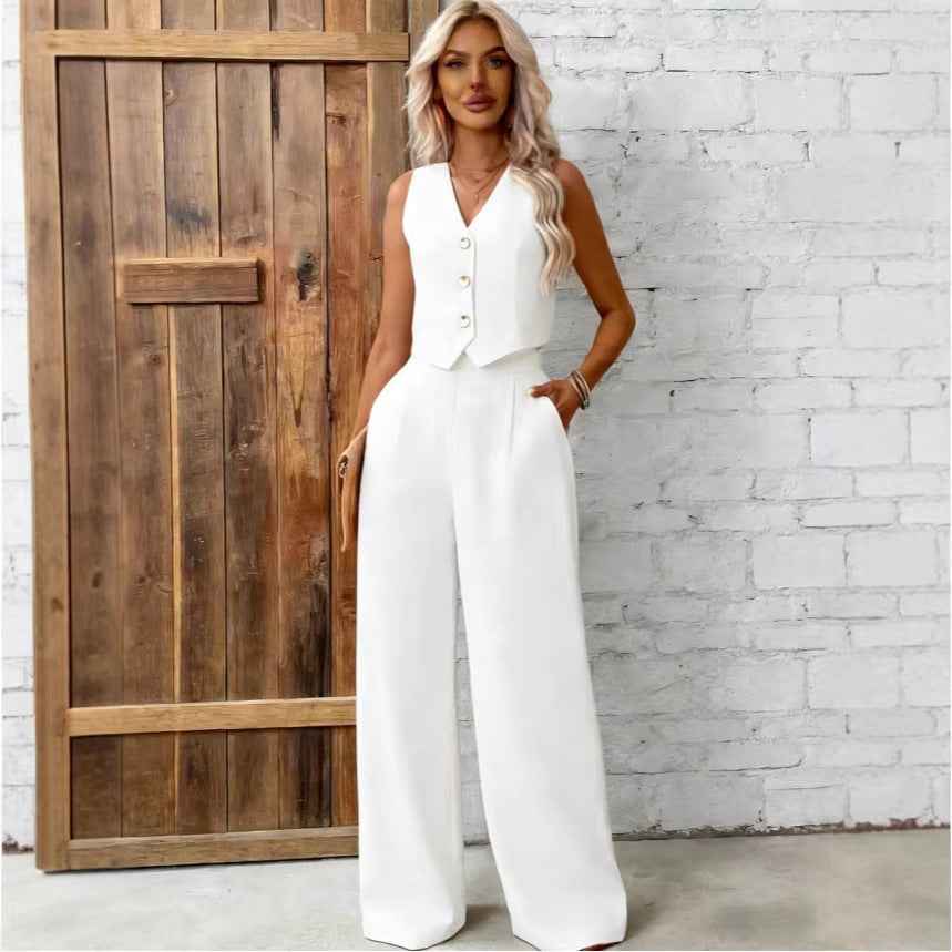 Sleeveless Vest & Trousers Set — Patchwork Detail, Casual Two-Piece