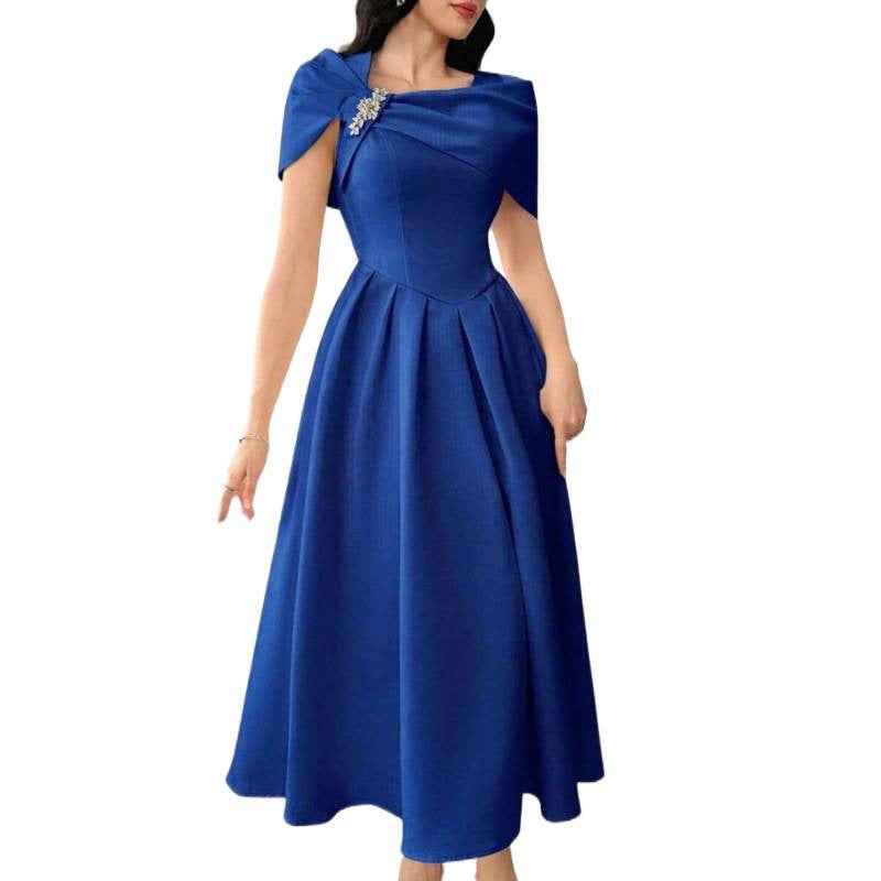 Asymmetric Diamond-Embellished Short-Sleeve Dress — Slim Fit, Elegant