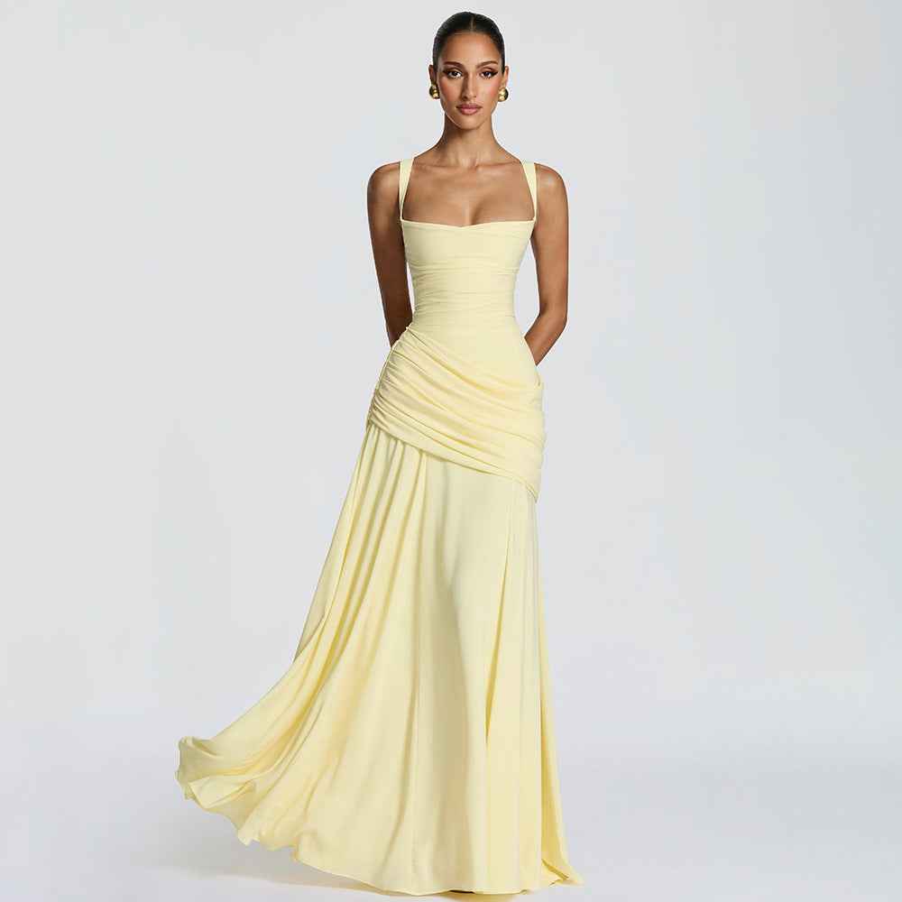 Square Neck Ruched Waist Sleeveless Maxi Evening Dress