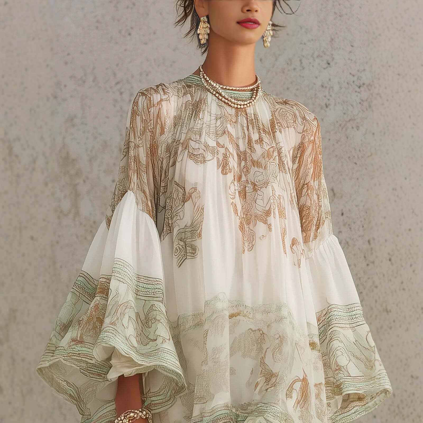 Chiffon Ruffle-Trim Midi Dress — Long Sleeve Resort Style