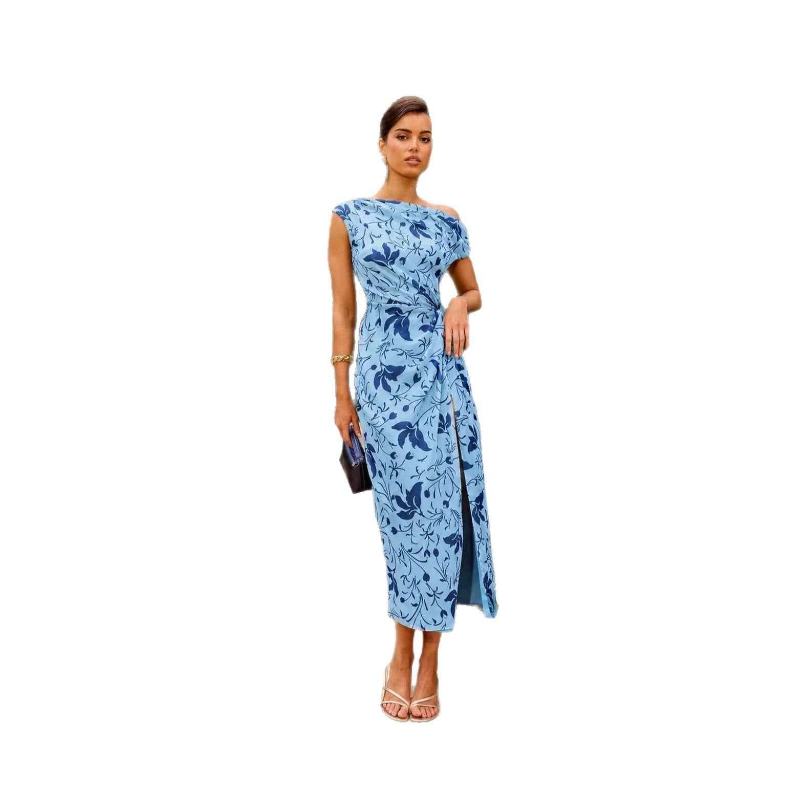 Women's Printed One-Shoulder Sleeveless Elegant Dress — 4 Colours