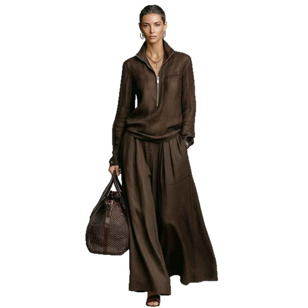 Womens Fashionable Casual Wide-Leg Pants Set With Zippers