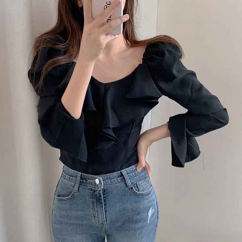 Ruffle-Sleeve Slim-Fit Chiffon Shirt