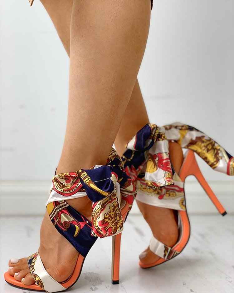 Womens Open-toe Stiletto Heels With Ribbon Detailing