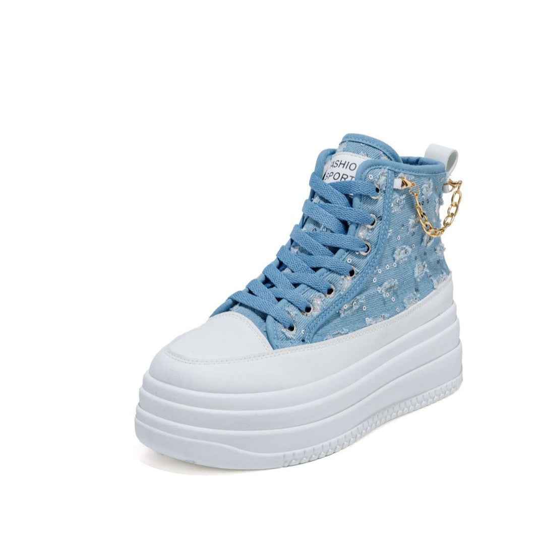 Women's Denim Chain-Strap Sneakers — Height-Boosting Casual Shoes
