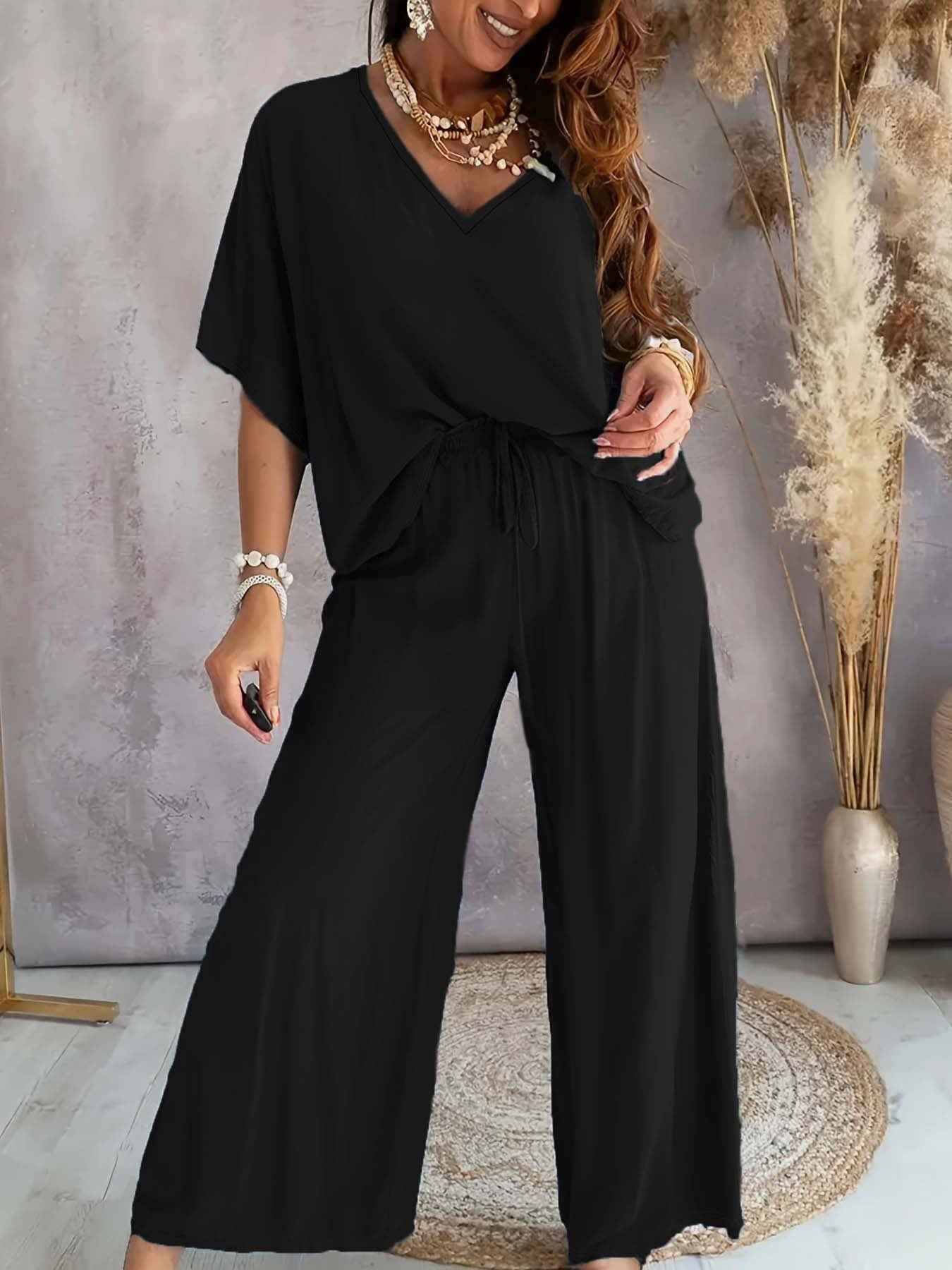 V-Neck Batwing Sleeve Loose Top & Drawstring High Waist Wide Leg Pants Two Piece Casual Outfit Set