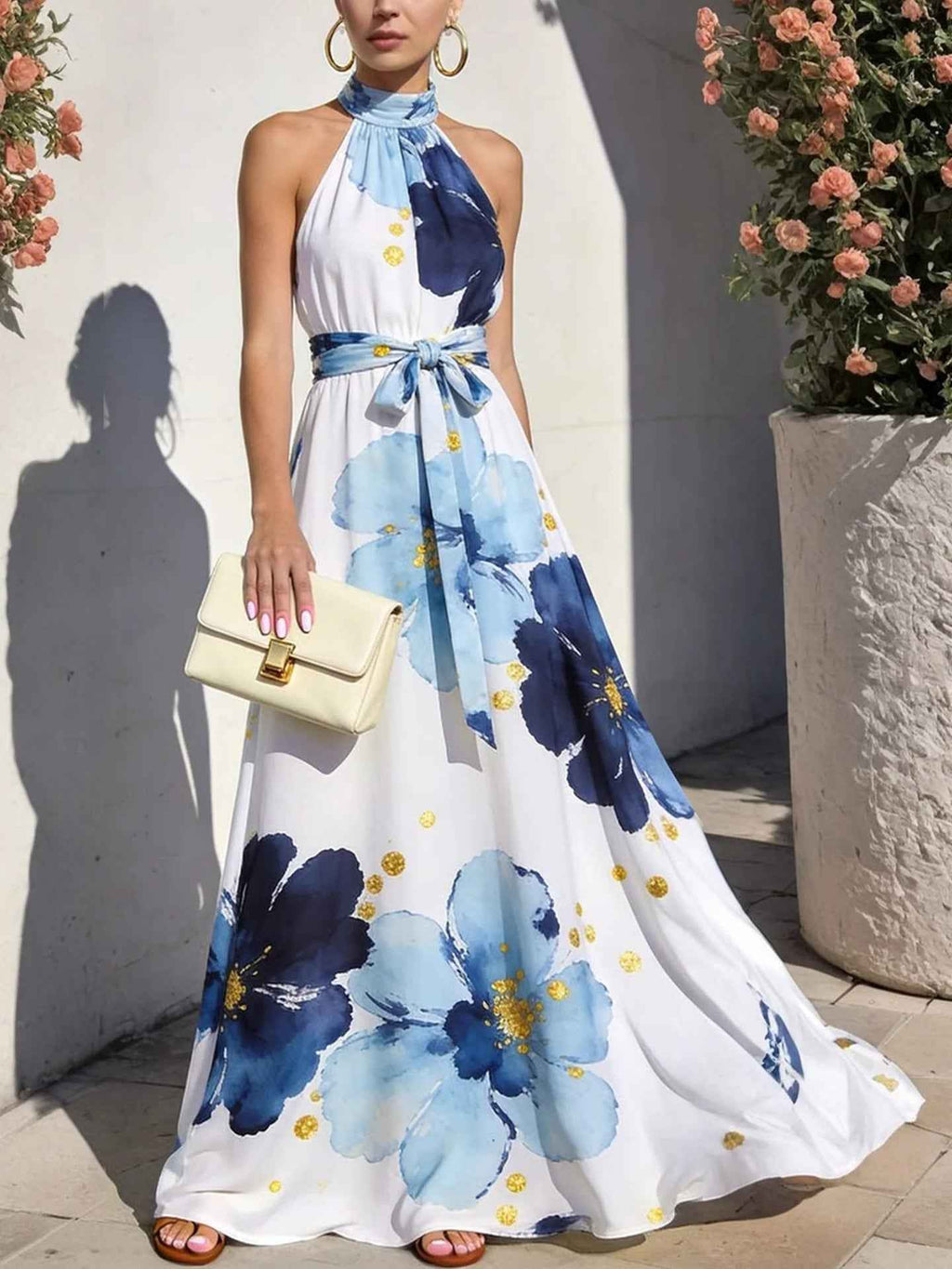 Resort-style Floral High-neck Lace-up Sleeveless Maxi Dress