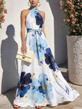 Resort-style Floral High-neck Lace-up Sleeveless Maxi Dress