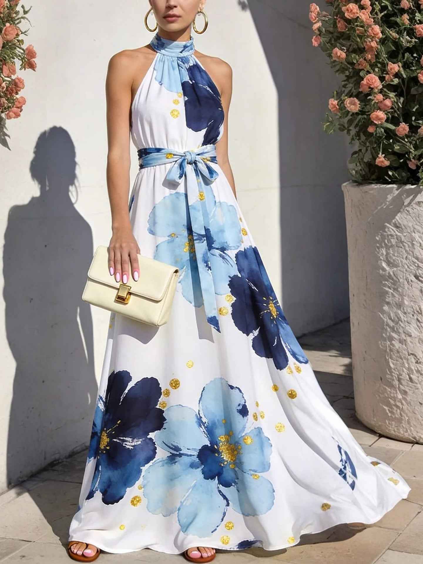 Resort-style Floral High-neck Lace-up Sleeveless Maxi Dress