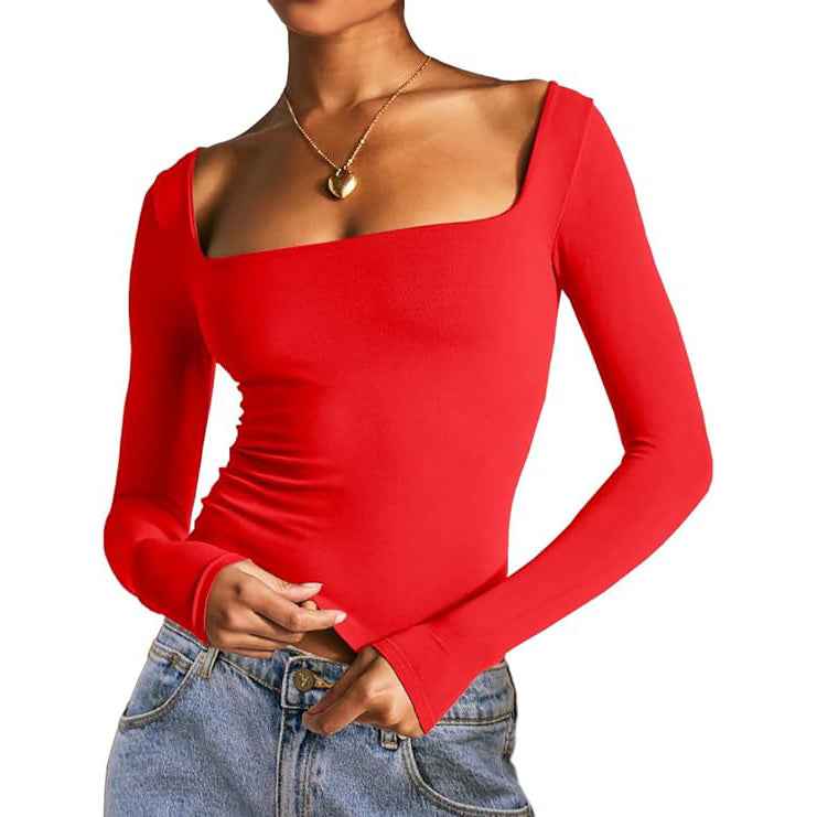 Square Neck Milk Silk Long Sleeve Top – Slim Fit Crop